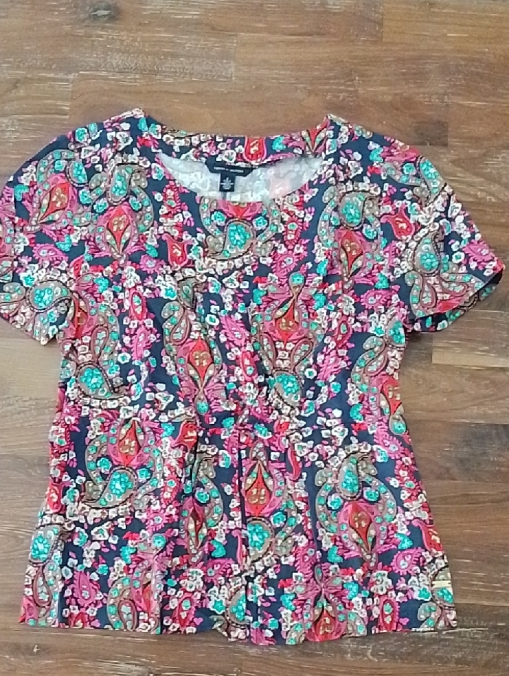 Tommy Hilfiger Short-Sleeve Paisley Blouse in Navy, Pink & Teal